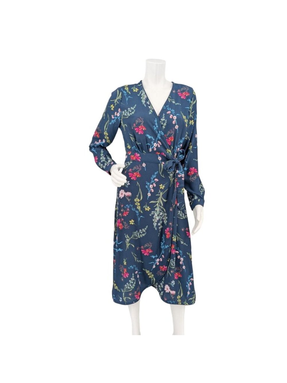 Floral Wrap Midi Dress Cottage Long Sleeve Tie Waist Cottage Office Vacay Medium
